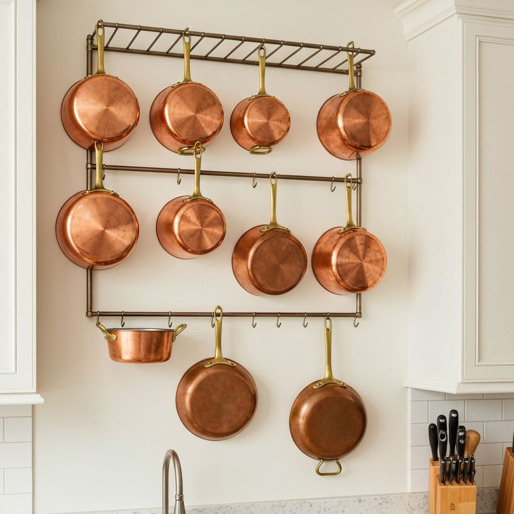 Properly stored Ruffoni copper cookware on kitchen rack